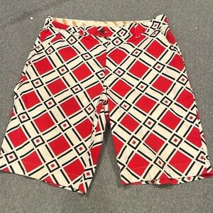 Loudmouth golf shorts, size 34. White, red and black, 10 inch length.